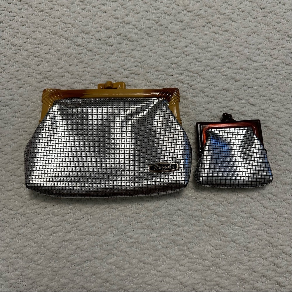 Vintage Regal Clutch and Coin Purse Set Silver Tone Mesh Print Vinyl